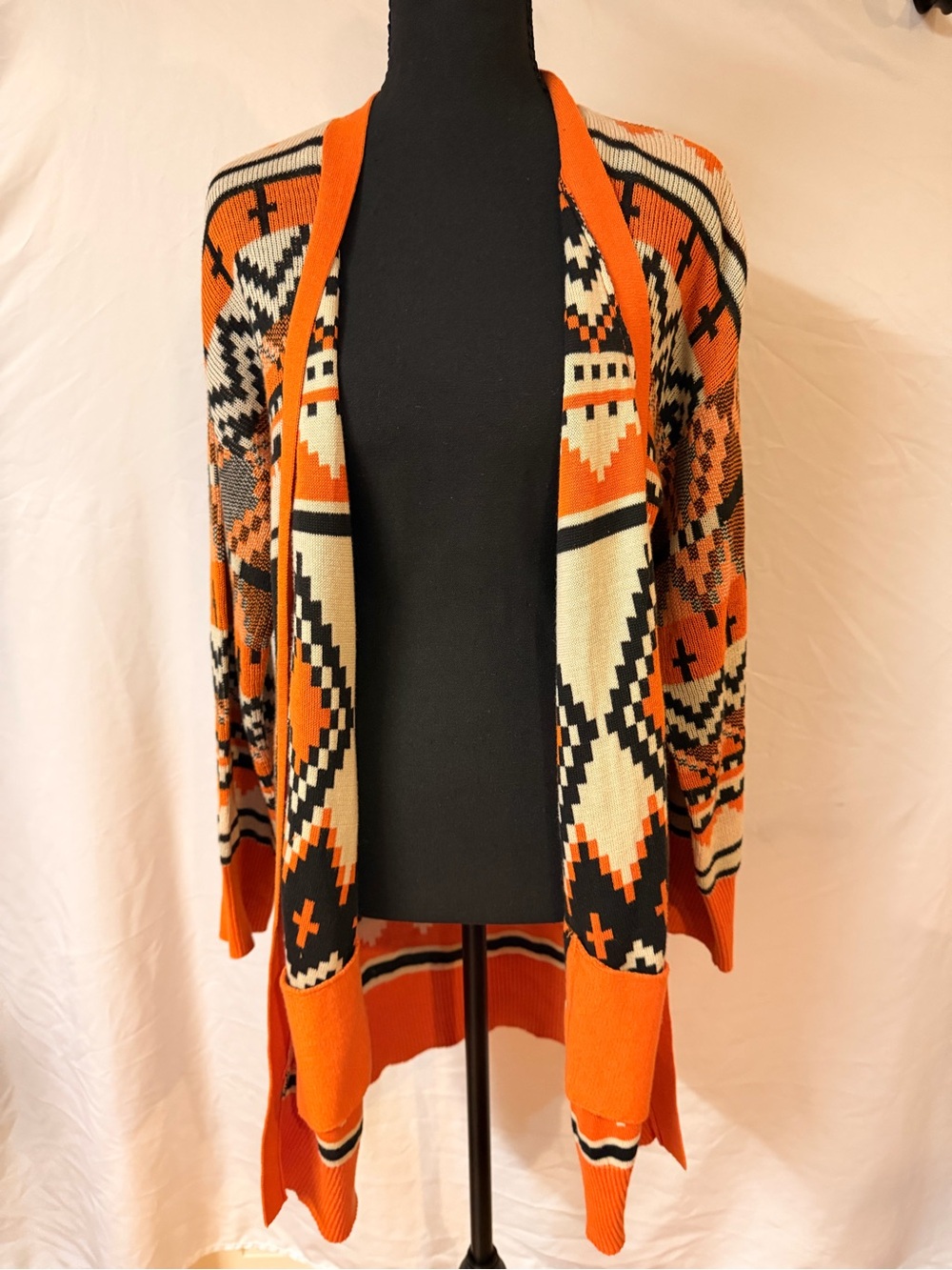 Serra Orange Aztec Open-Front Knit Cardigan